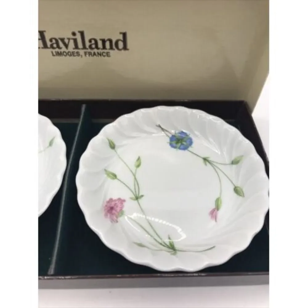 2 Haviland Limoges Coasters - Presentation Box Pink Blue‎ Floral